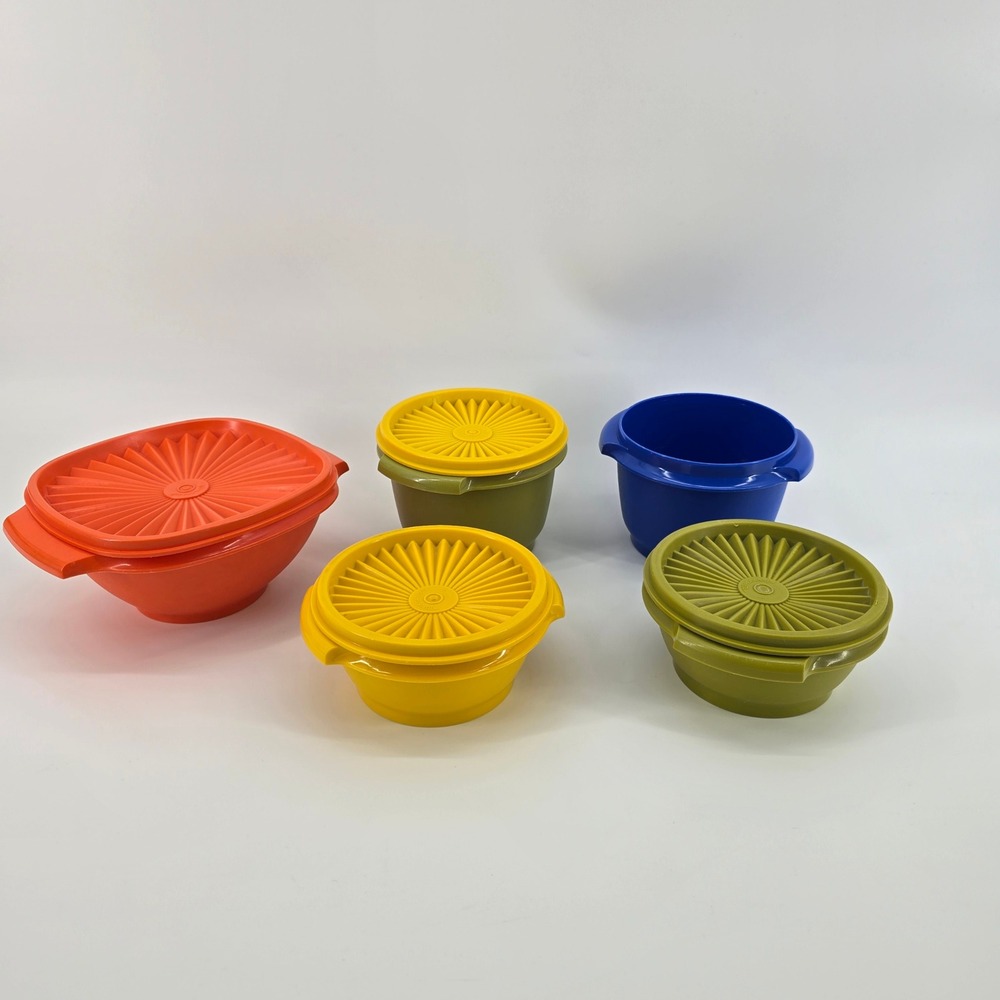 Tupperware Servalier Bowl Set Vintage Sunburst Lids Multicolor 5pc Set